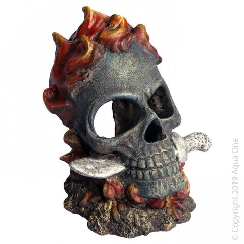 Aqua One Ornament Skull With Fire And Knife 11x11x12.5cm (36792)-Hurstville Aquarium